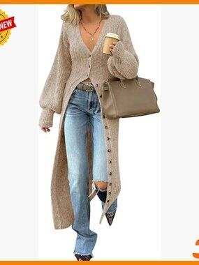 Chunky Knit V-Neck Cardigan Maxi Sweater Dress Button Down Duster